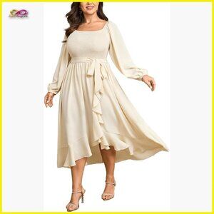 Plus Size Maxi Dress Long Sleeve Square Neck High Low Ruffle Formal Elegant